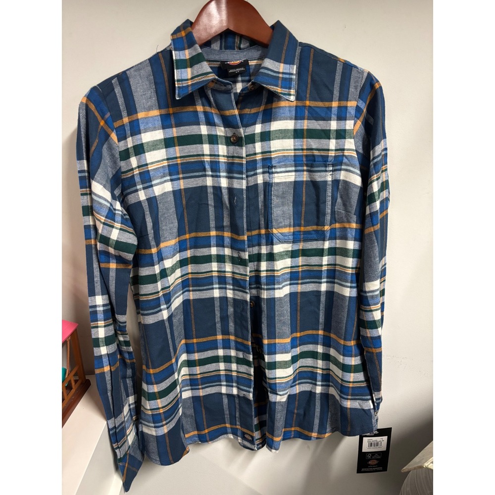 Dickies Womens Plaid Flannel Shirt Blue White FL0750DM Small NWT